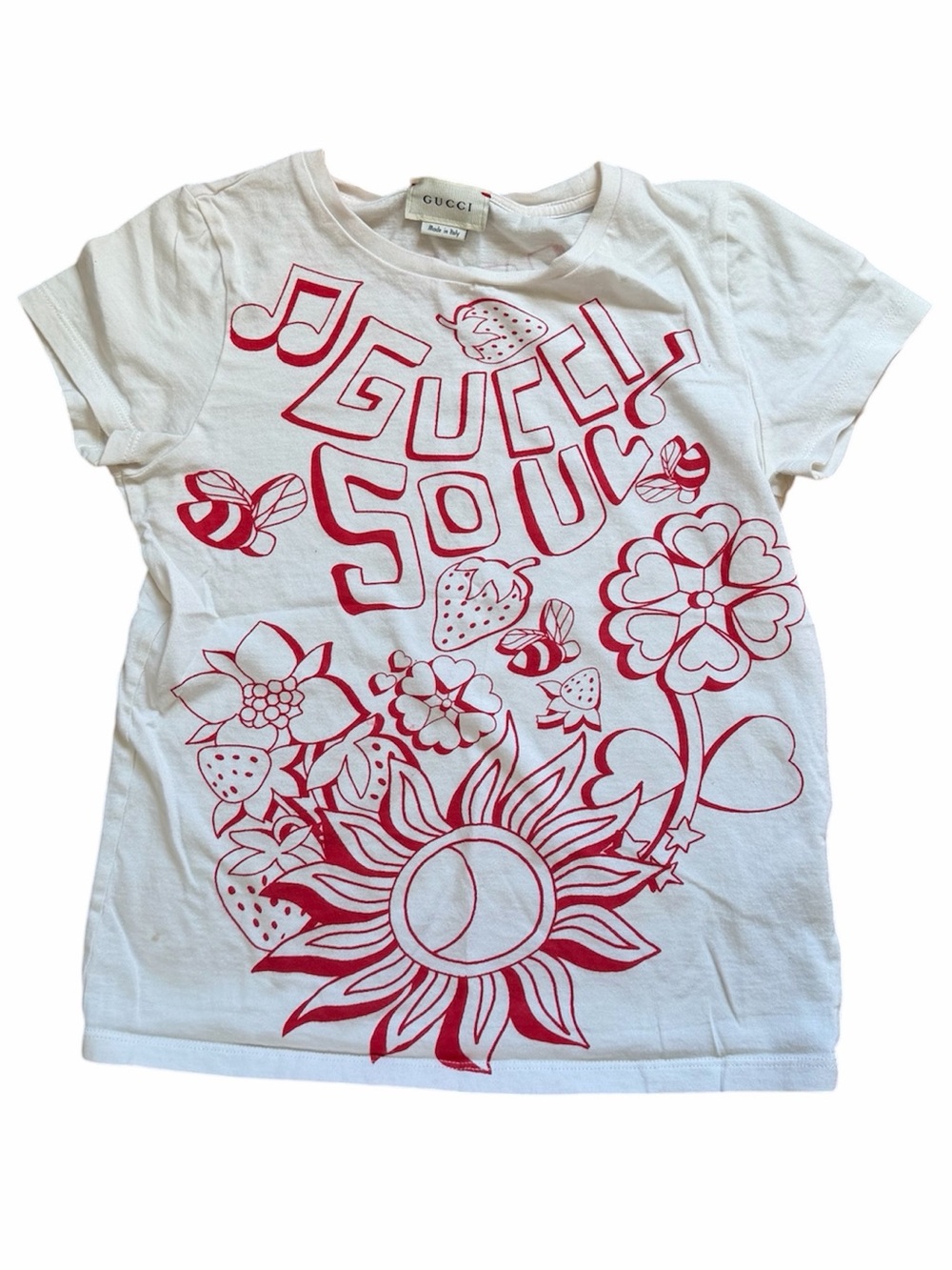 Gucci Kids Red White Tee Gucci Soul Flower Strawberry Heart Graphic